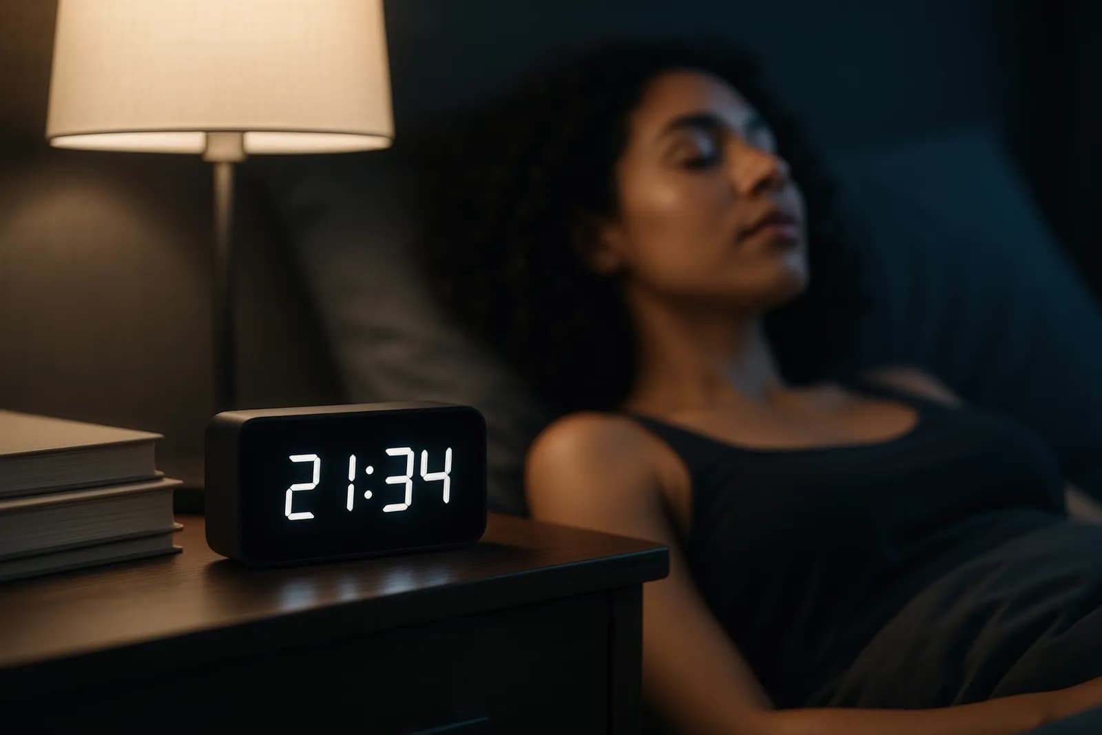 tired person sitting on bed at night unable to sleep, bedroom interior, clock showing late hour